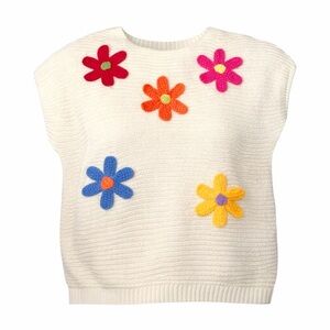 XL Retro Crochet Daisy Sweater Vest Cream Chunky Knit Flower Y2K Cottagecore